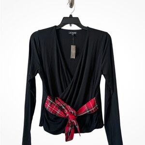 J. Crew Black Long Sleeve Top with Red Plaid Tie